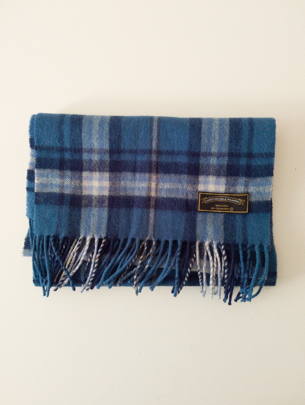 James Pringle Weavers 100% Wool Scarf Blue Tartan Plaid Fringed Scotland
